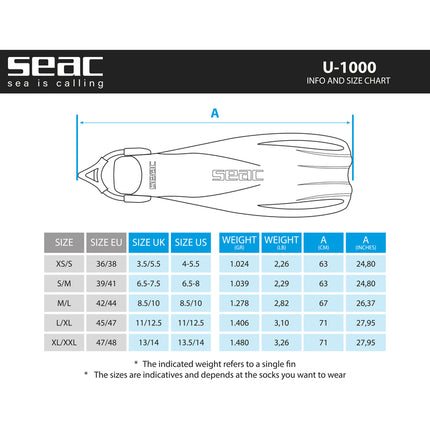 Seac U-1000 Scuba Diving Fins Black Red XL/XXL UK 11.5-13 | Sling Strap