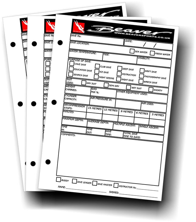 Dive Log Book Inserts 50 Sheets | 3 Ring Folder Refill | Scuba Log Pages